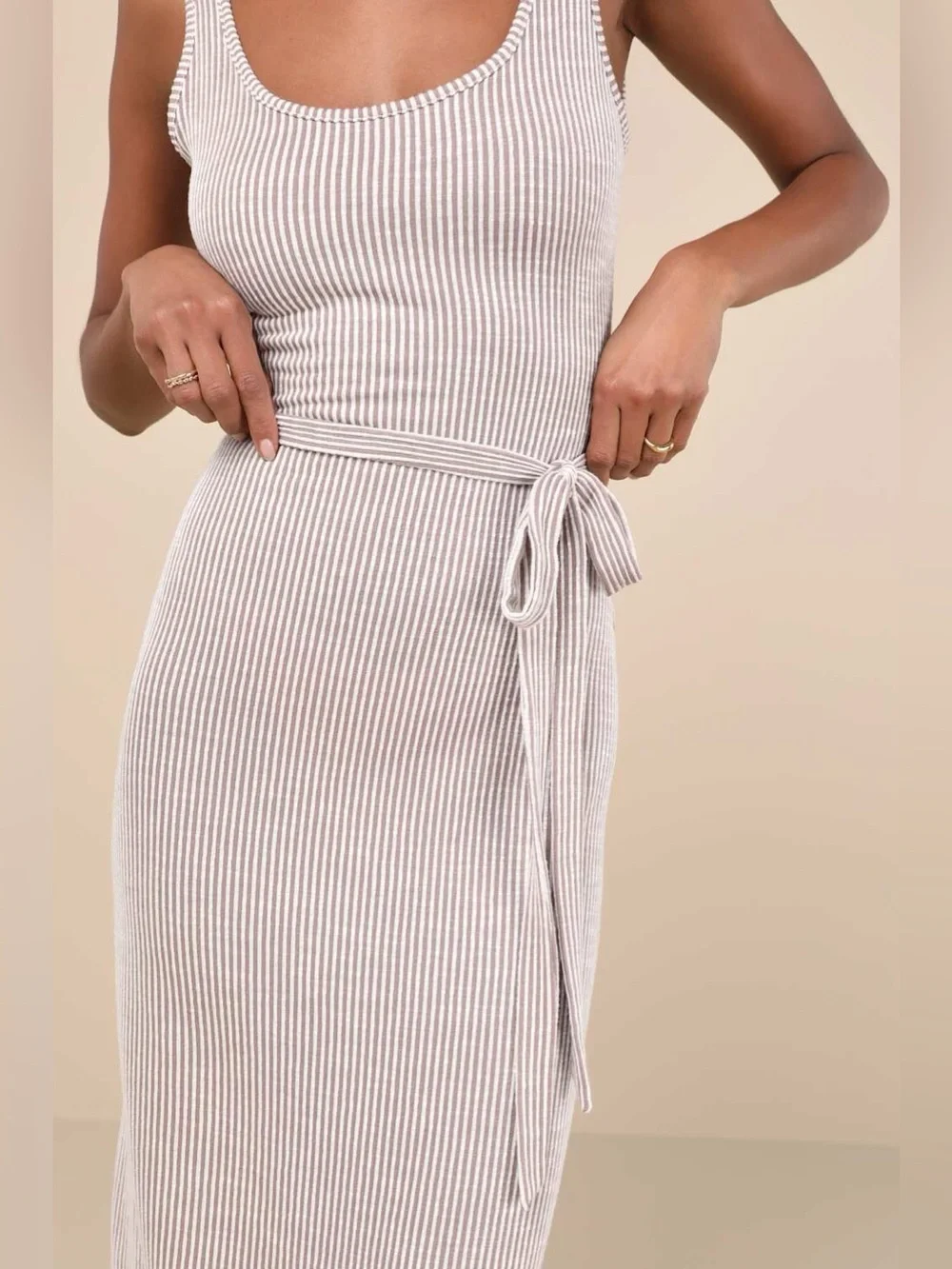 Lulu's Summer Perfection Taupe & Ivory Striped Ribbed Midi Dress - L